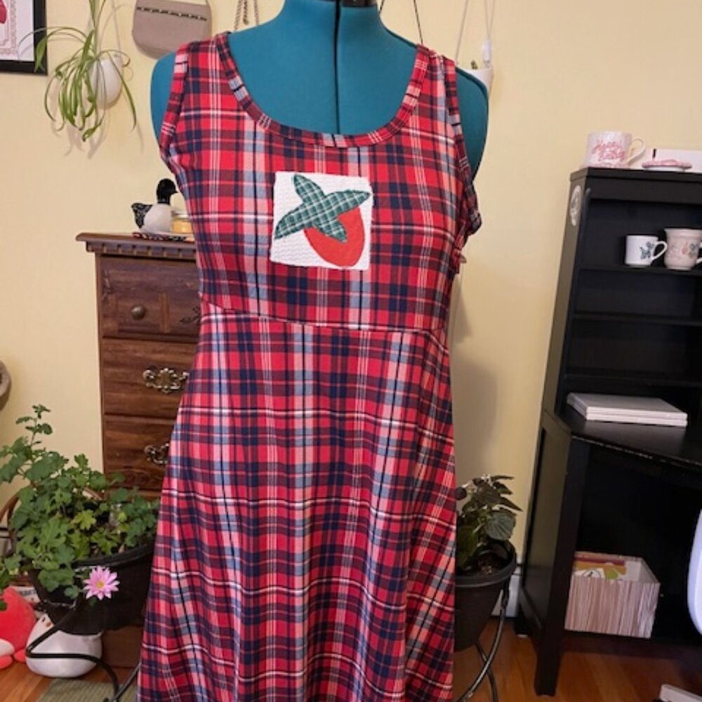 Vintage red plaid upcycled dress with strawberry patch